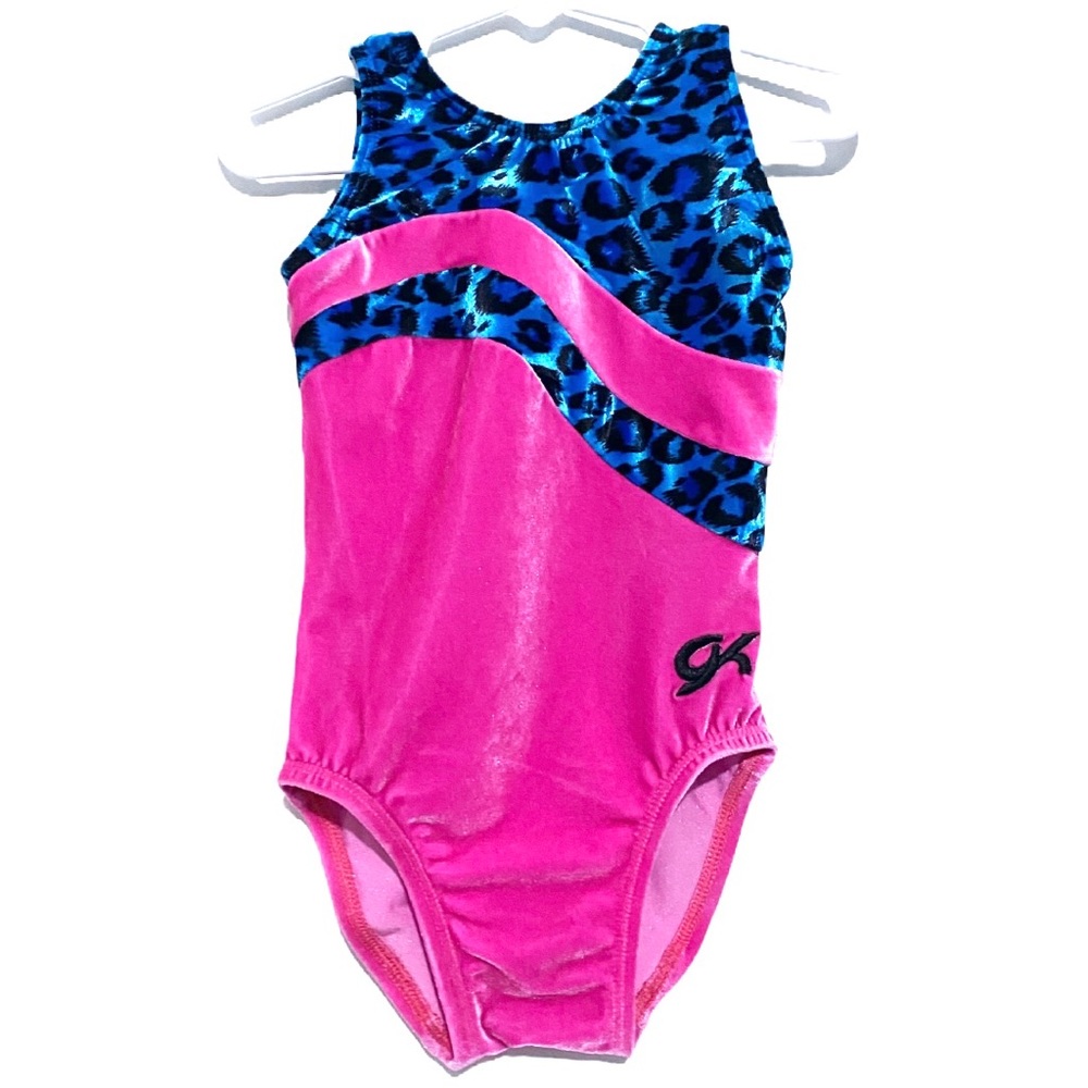 GK Velvet Leopard Print Gymnastics Tank Leotard Pink Blue Girl’s Size CXS